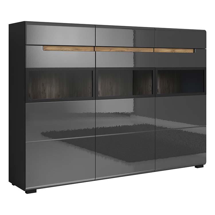 Credenza alta Maia 3 ante 3 cassetti con vetro antracite lucido rovere